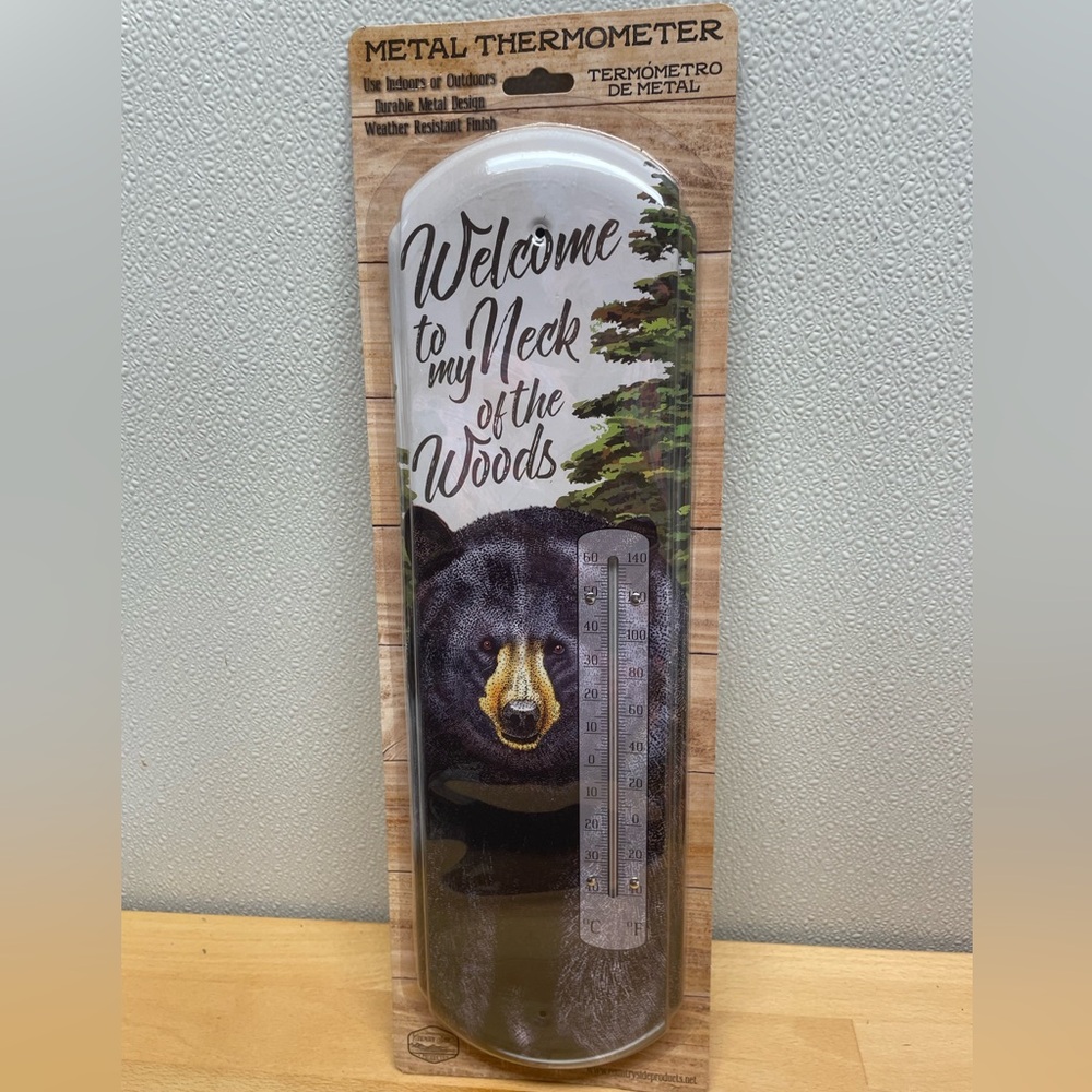 Black Bear Welcome Metal Thermometer, 17.5" Woods & Lake Cabin Decor.